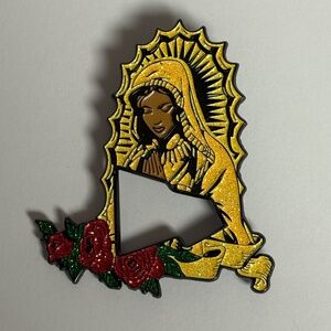 Virgin Mary New Era Frame Hat Pin Pins Fitted Hats Yellow Red Glitter Roses
